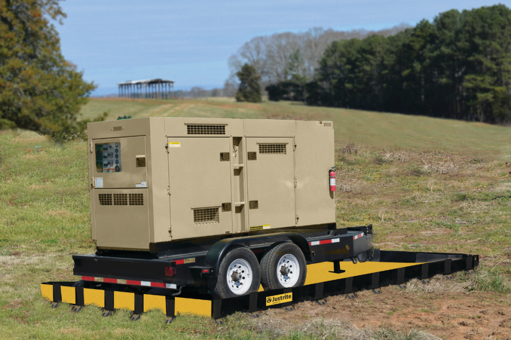 Temporary power generator with spill containment for rental fleet safety compliance