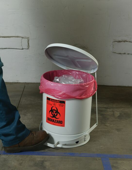 White 10 Gallon Biohazard Waste Can | Foot-Operated, Self-Closing