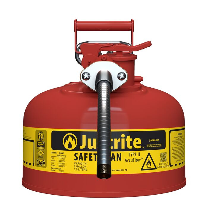 2 Gallon, 5/8" Metal Hose, Steel Safety Can for Flammables, Type II, AccuFlow™, Red - 7220120