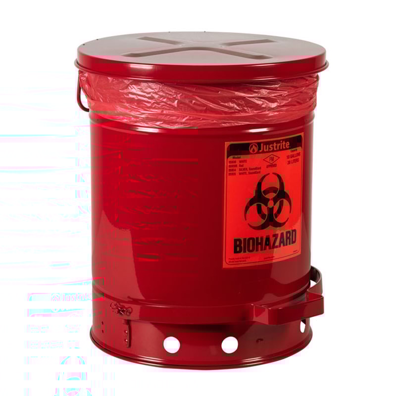 Red 10 Gallon Biohazard Waste Can FootOperated, SelfClosing 05930R Justrite