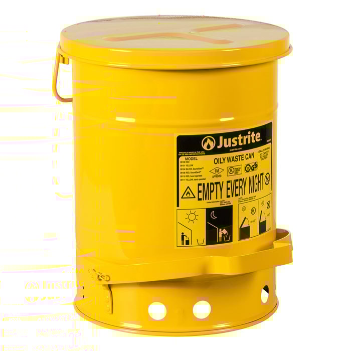 6 Gallon, Steel Oily Waste Can, Hands-Free Self-Closing Cover, Yellow - 09101