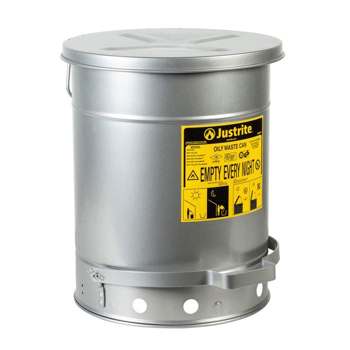 Silver 10 Gallon Oily Waste Can | Foot-Operated, Self-Closing