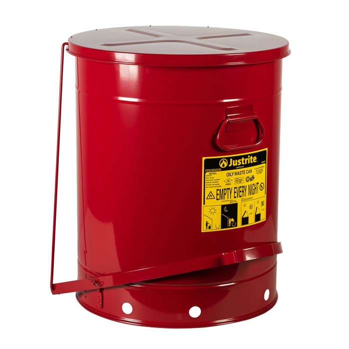 Justrite Oily Waste Can, Hands-Free, Self-Closing Cover, Red, 21 Gallon, Steel, 09700