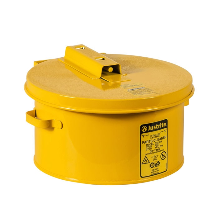 Justrite Dip Tank For Cleaning Parts, Manual Cover With Fusible Link, Steel, Yellow, 1 Gallon, 27611