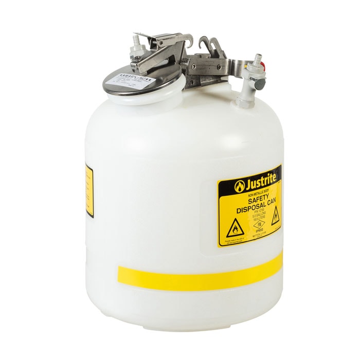 5 Gallon, Polyethylene Quick-Disconnect Disposal Safety Can, Polypropylene Fittings for 3/8" Tubing, White - PP12755