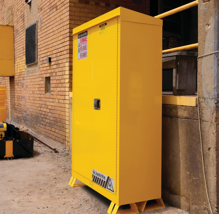 Justrite outdoor flammable storage cabinet in loading dock area