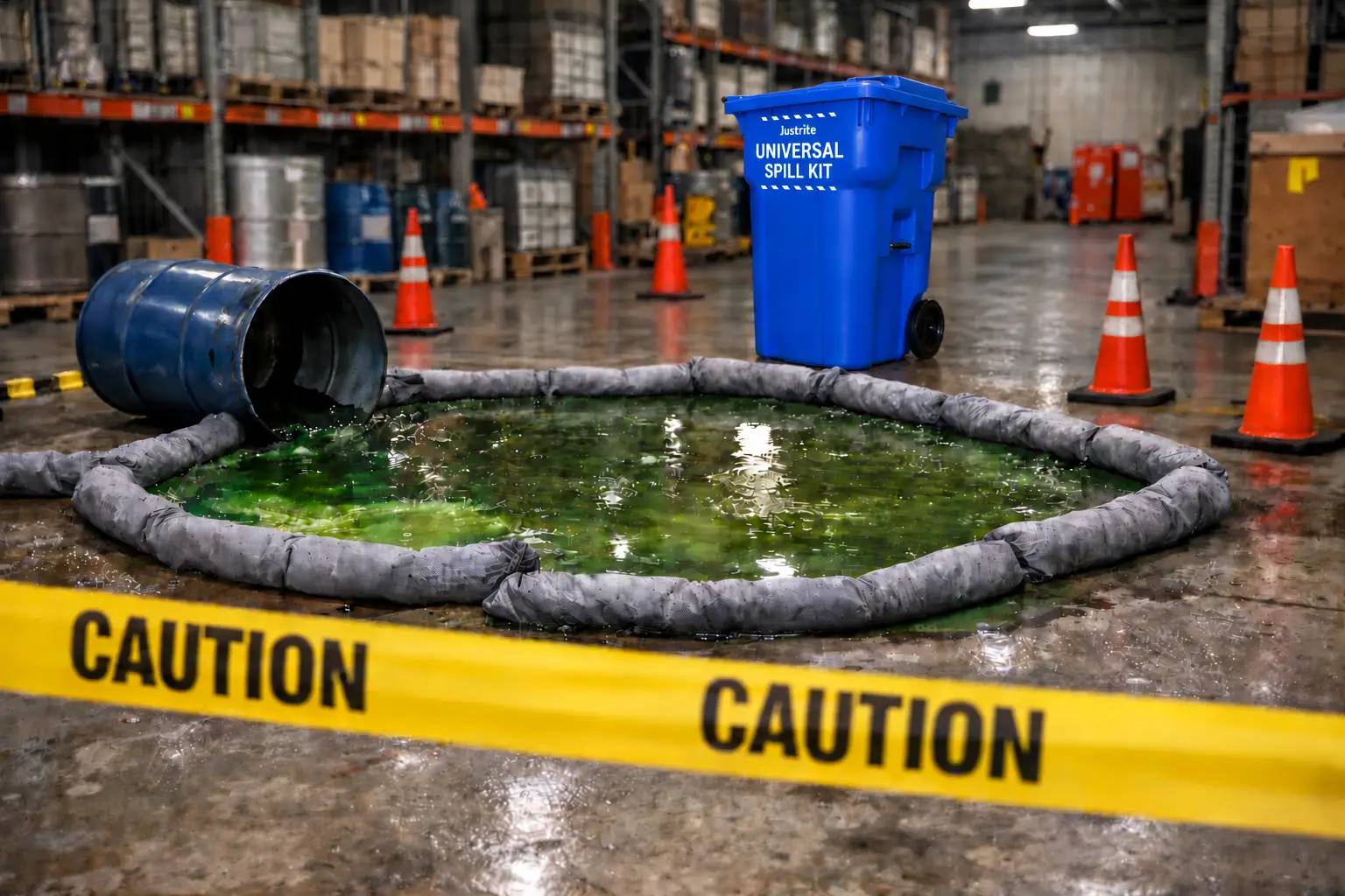 A worker lays an absorbent sock around a spill on a warehouse floor. A worker lays an absorbent sock around a spill on a warehouse floor.