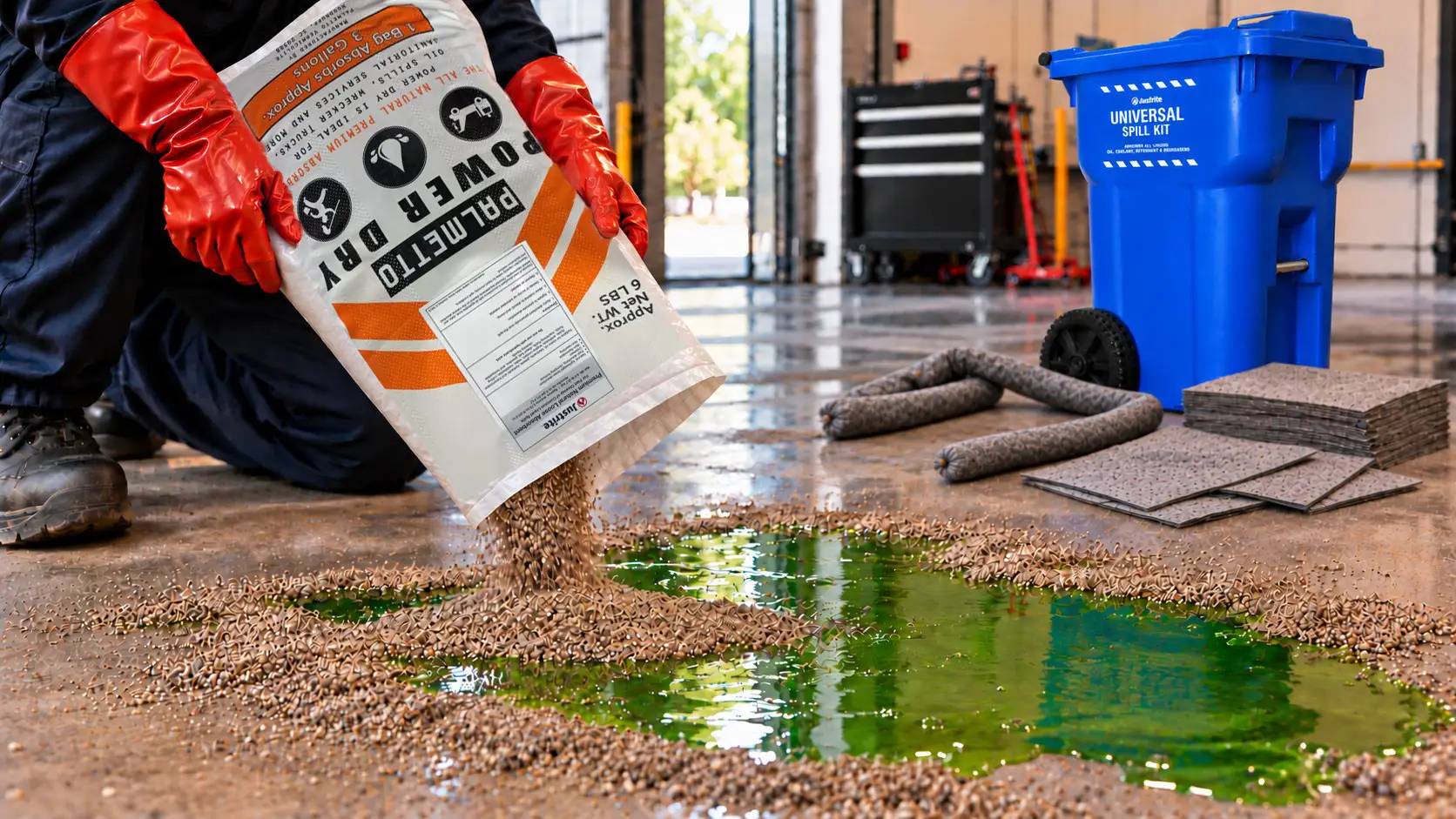 Granular absorbent being poured onto an oil spill. Granular absorbent being poured onto an oil spill.
