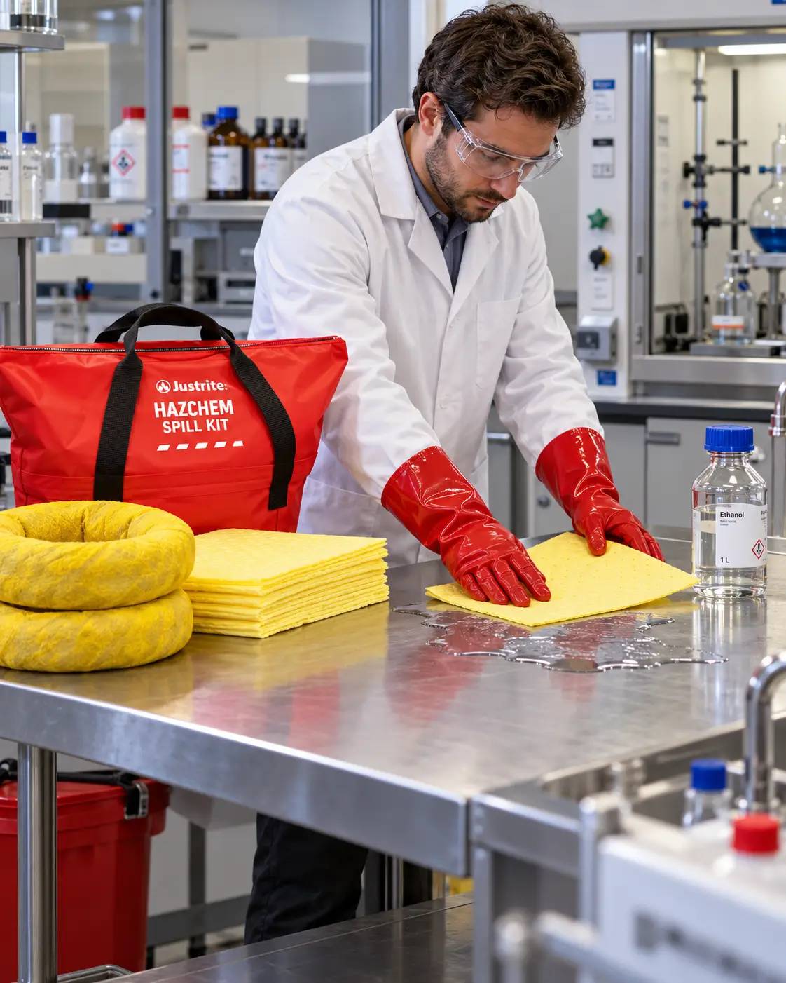 Two responders wearing gloves, hard hats and coveralls place absorbent pads on a spill. Two responders wearing gloves, hard hats and coveralls place absorbent pads on a spill.