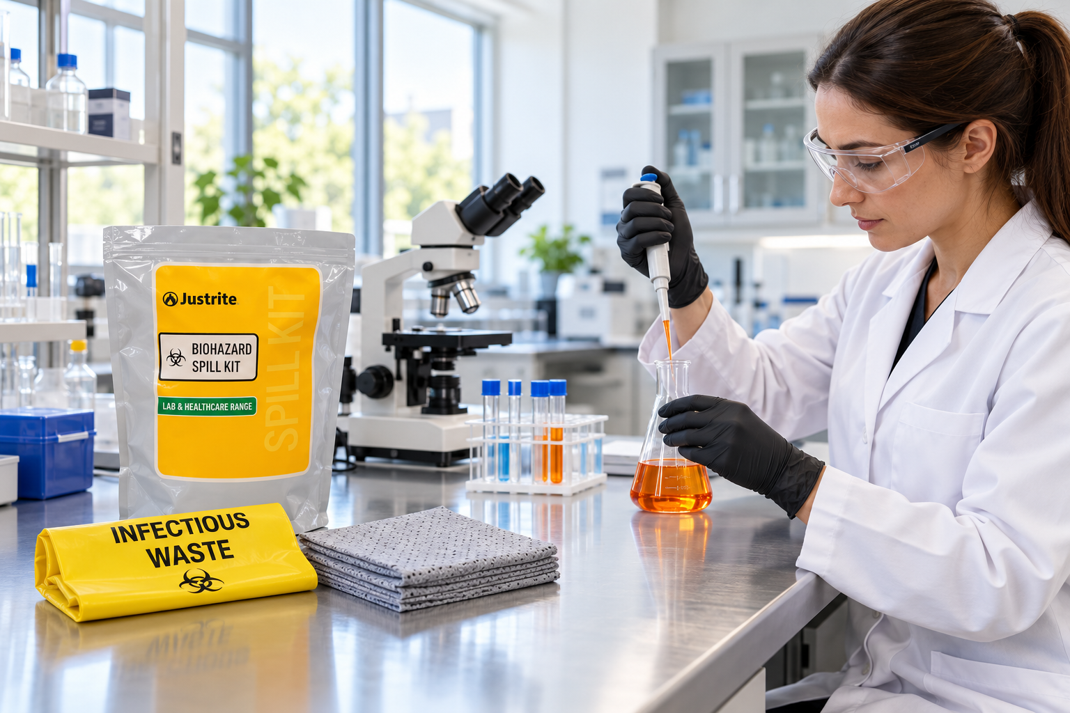 A lab technician handling chemicals at a laboratory bench. A lab technician handling chemicals at a laboratory bench.