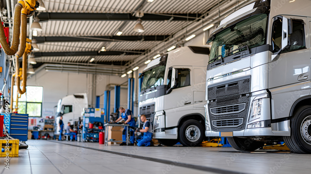 A technician in hearing protection working beside a truck. A technician in hearing protection working beside a truck.