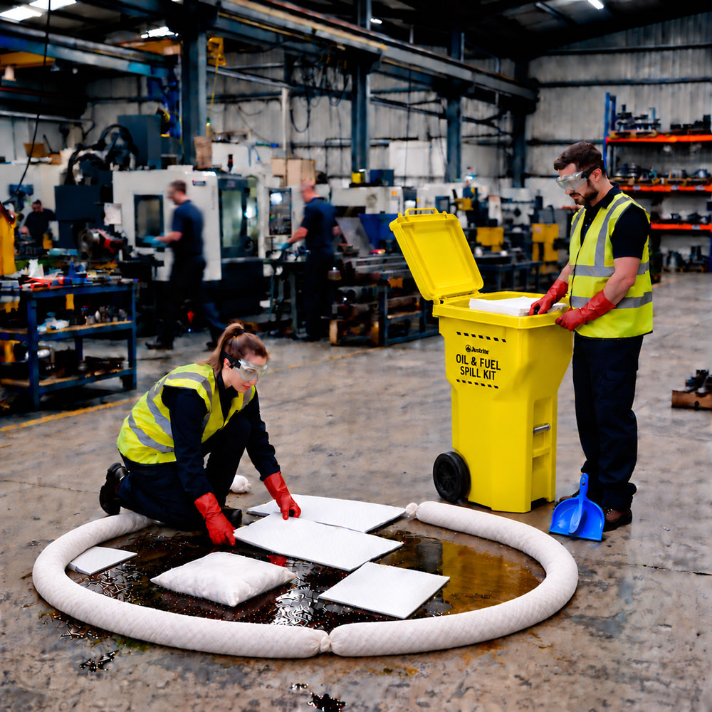 Two responders in high-visibility vests contain an oil spill on a machine-shop floor with absorbent socks and pads beside a yellow Justrite Oil & Fuel spill kit.